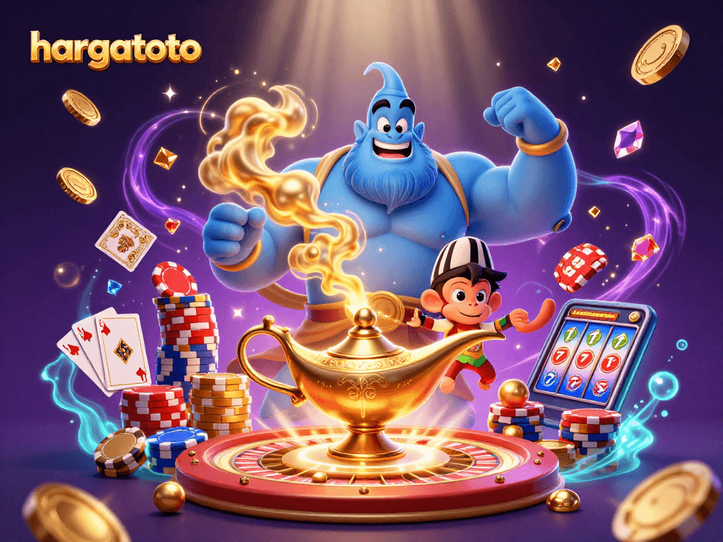 Engage in thrilling gambling with hargatoto featuring a vibrant 3D genie, poker chips, and cascades of gold!