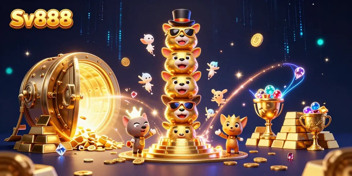 Join the excitement at Sv888 with a dazzling casino scene featuring a whimsical golden totem and riches galore.