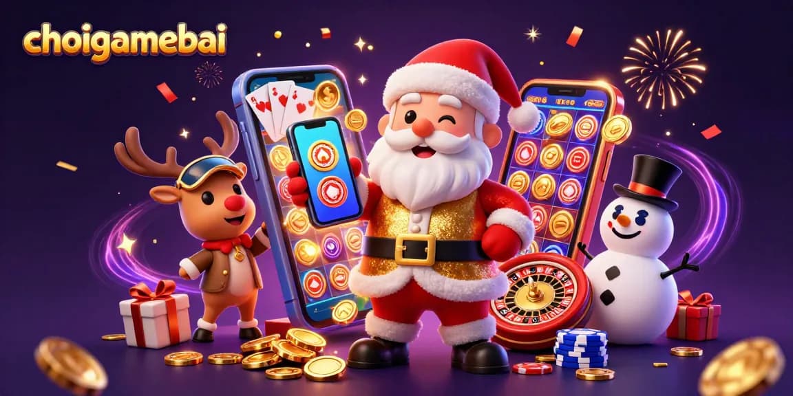 Join the fun at choigamebai while celebrating jackpots with Santa and friends in a colorful casino scene.