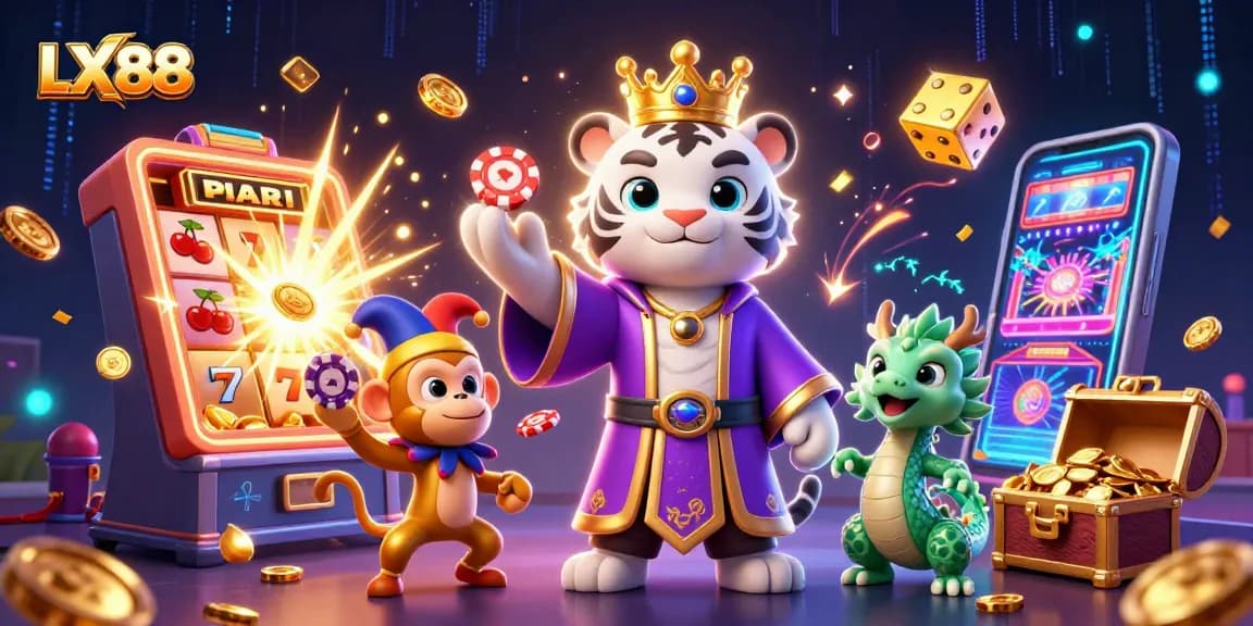 Win big with LX88 in a captivating 3D casino scene featuring a lucky tiger and jackpot elements.