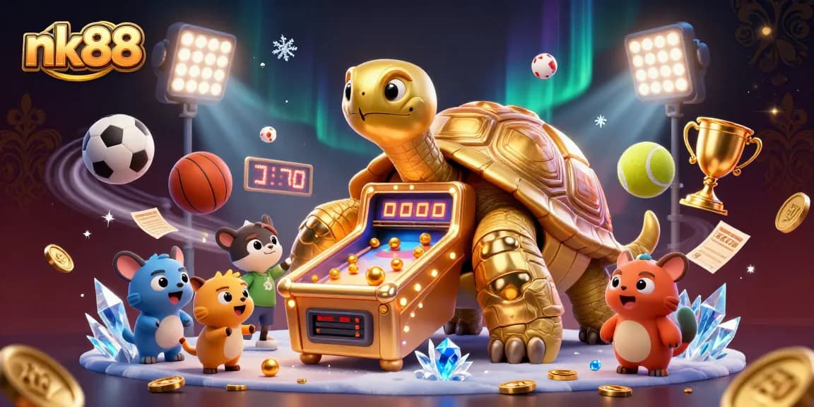 Engage in thrilling games at nk88 with a golden tortoise pinball and excited players.