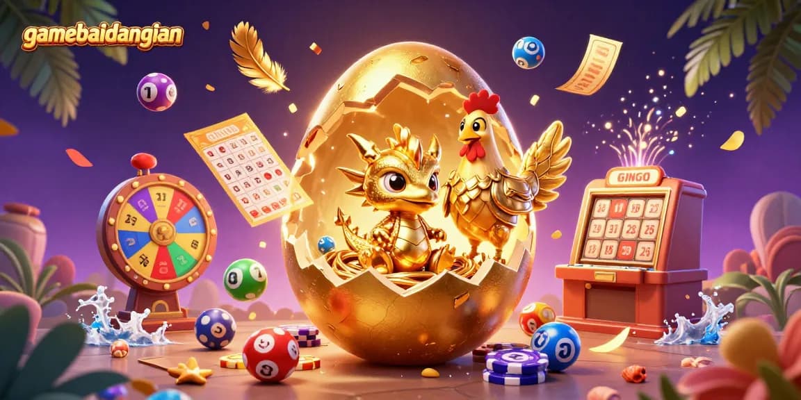 Exciting gamebaidangian scene features a golden egg hatching a dragon amidst dynamic casino elements and vibrant colors.