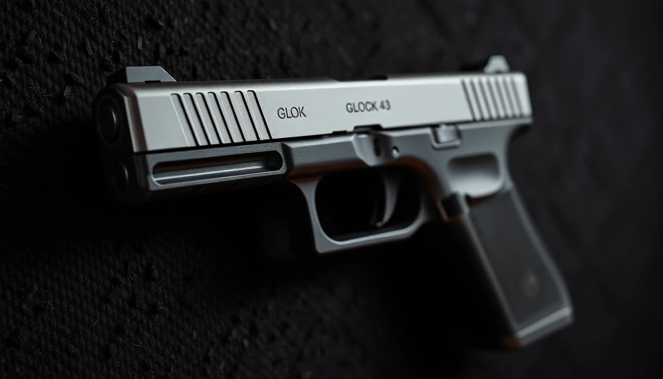 Showcase of glock 43 slide mos highlighting its precision design and features in an elegant setting.