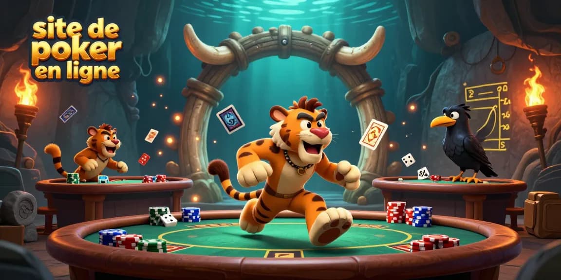 Profitez d'une partie de poker sur un site de poker en ligne avec des personnages dynamiques et des éléments compétitifs.