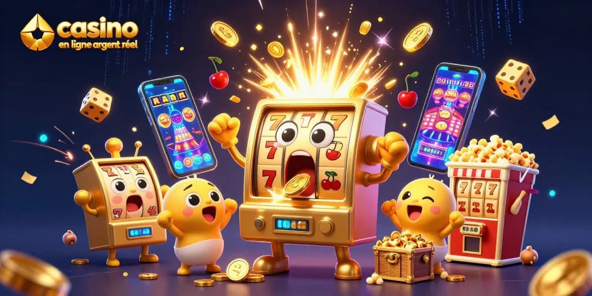 Jackpot gagnant en ligne avec une machine à sous animée et des pièces d'or, casino en ligne argent réel.