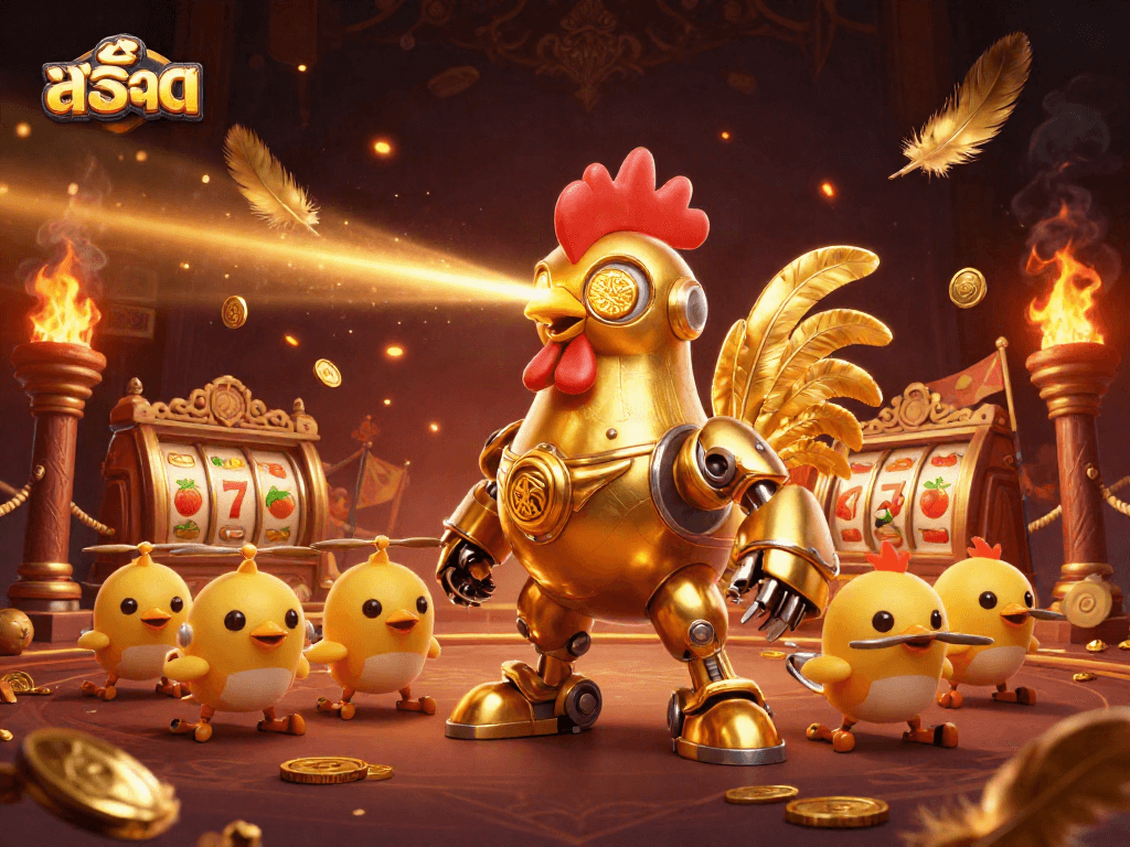 Engage in thrilling สล็อต adventures with a golden robot and dynamic baby chick drones!