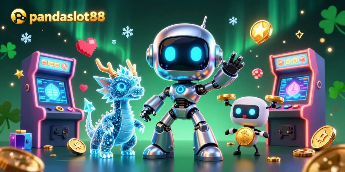 Menangkan dengan panda slot88 di mesin slot berwarna-warni dengan karakter robot dan naga holografis.
