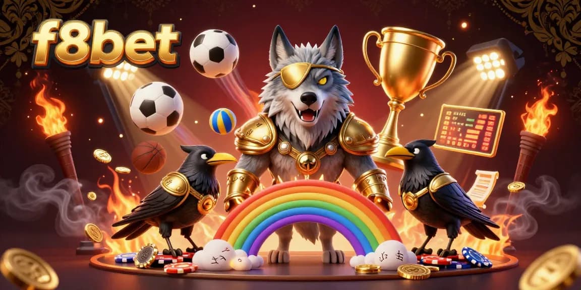 Engage with f8bet, featuring Odin and ravens on a bridge of casino chips amidst animated sports elements.