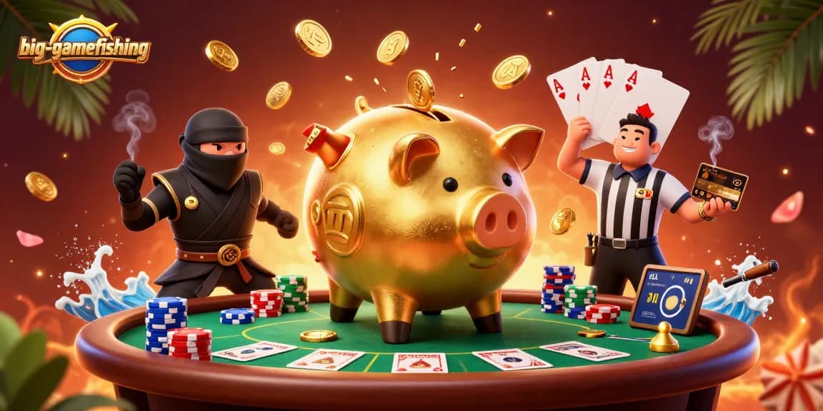 big-gamefishing action illustration with colorful poker elements and dynamic characters in a packed scene.