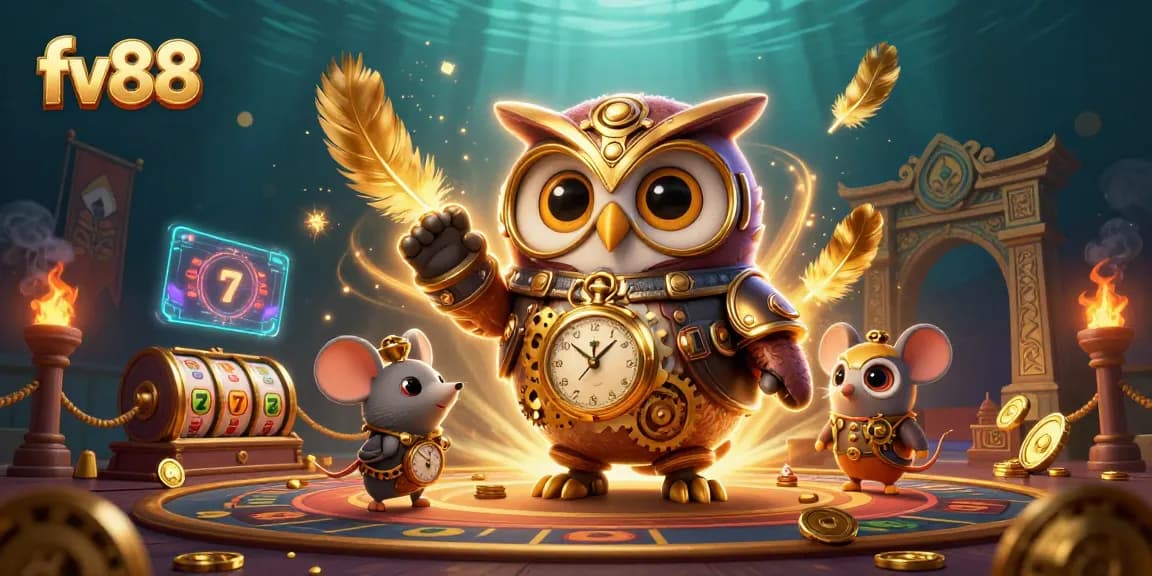 Engage in thrilling casino action with FV88 as the steampunk owl and mouse explore vibrant gaming adventures.