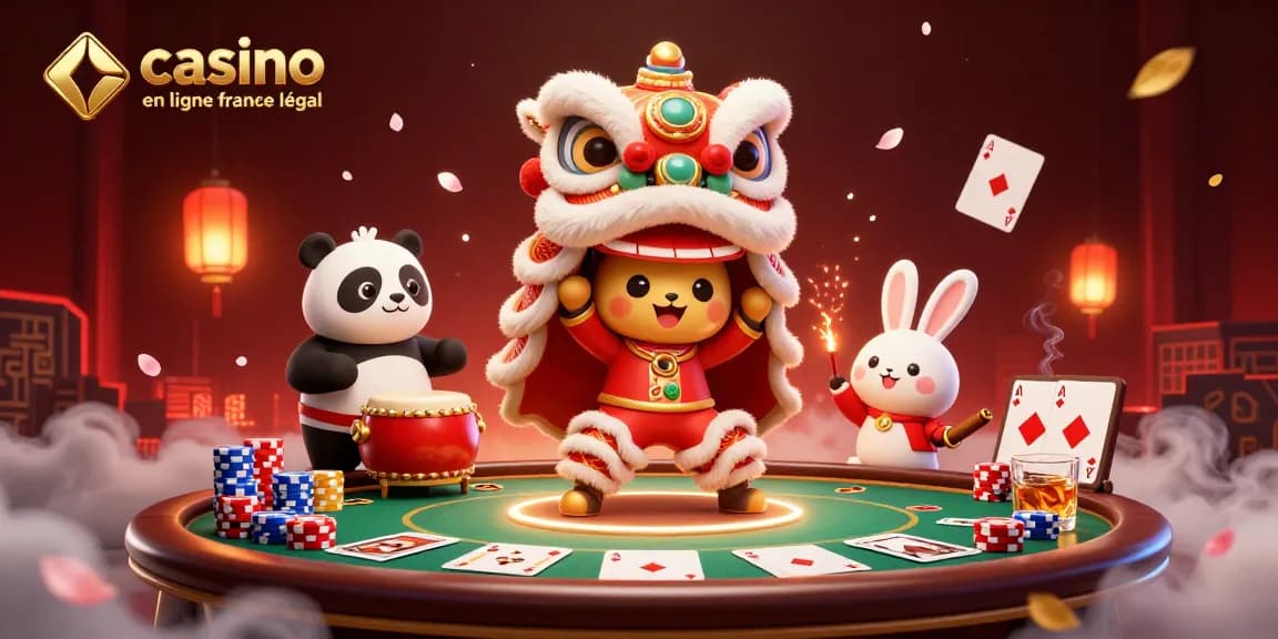 Profitez de l'ambiance festive de casino en ligne france légal avec une danse de lion colorée et excitante.