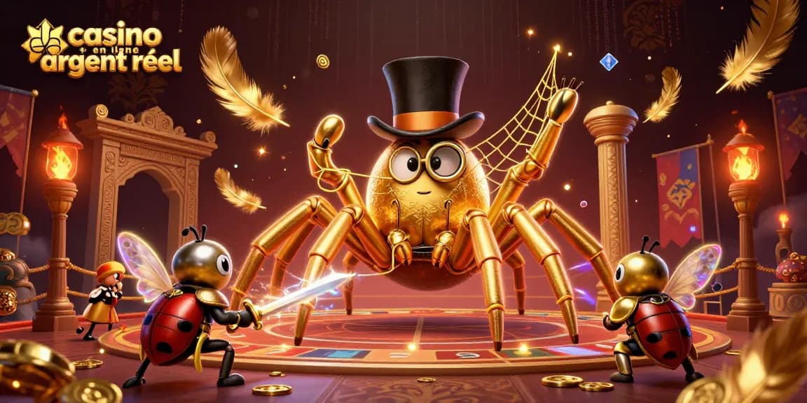 Participez à l'excitation du casino en ligne argent réel avec cette illustration vibrante d'une araignée géante et d'un chevalier scarabée.