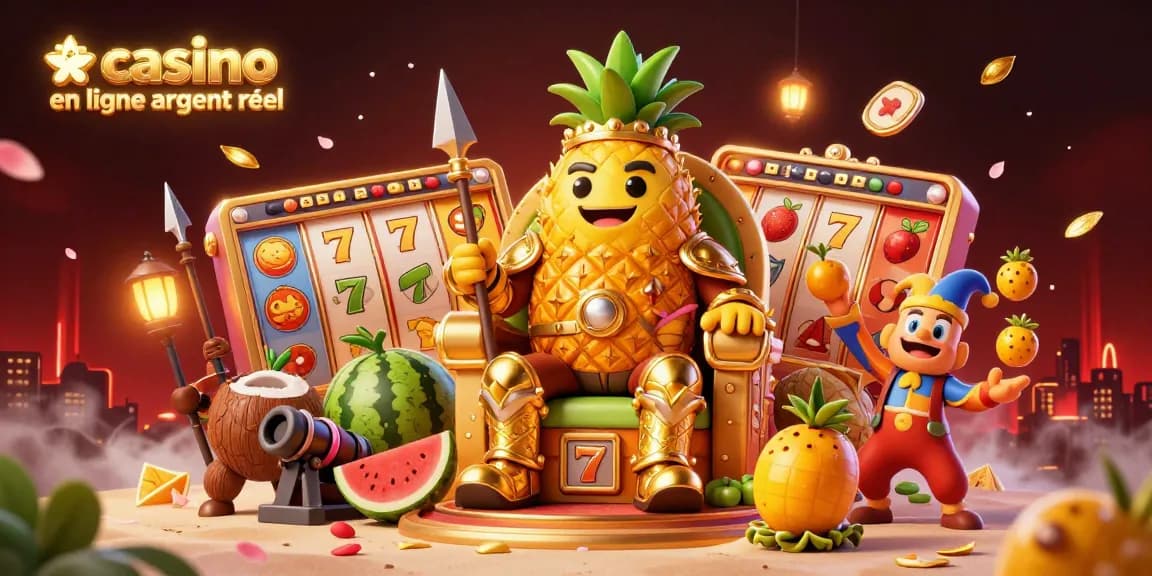 Illustration des jeux de casino en ligne argent réel, mettant en scène un roi en ananas et des gardes avec des éléments de jeux.