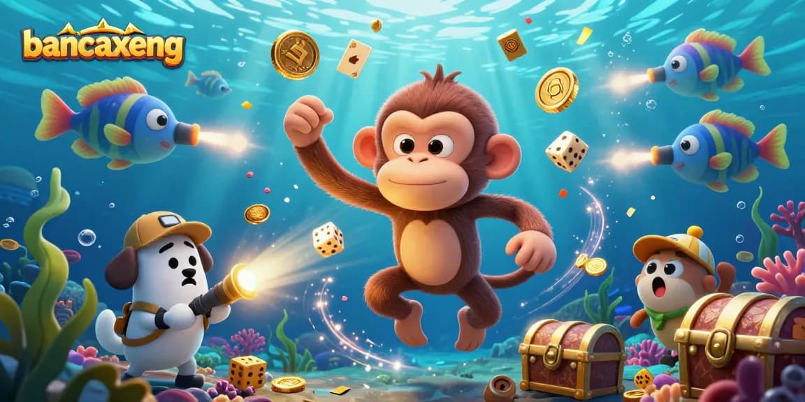 bancaxeng fish shooting game scene with a mischievous monkey and ghost-hunter puppy tracking golden treasures.