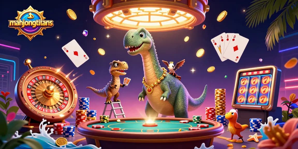 Experience mahjongtitans excitement with a cartoon brontosaurus and clever raptor dealing cards in a vibrant casino.