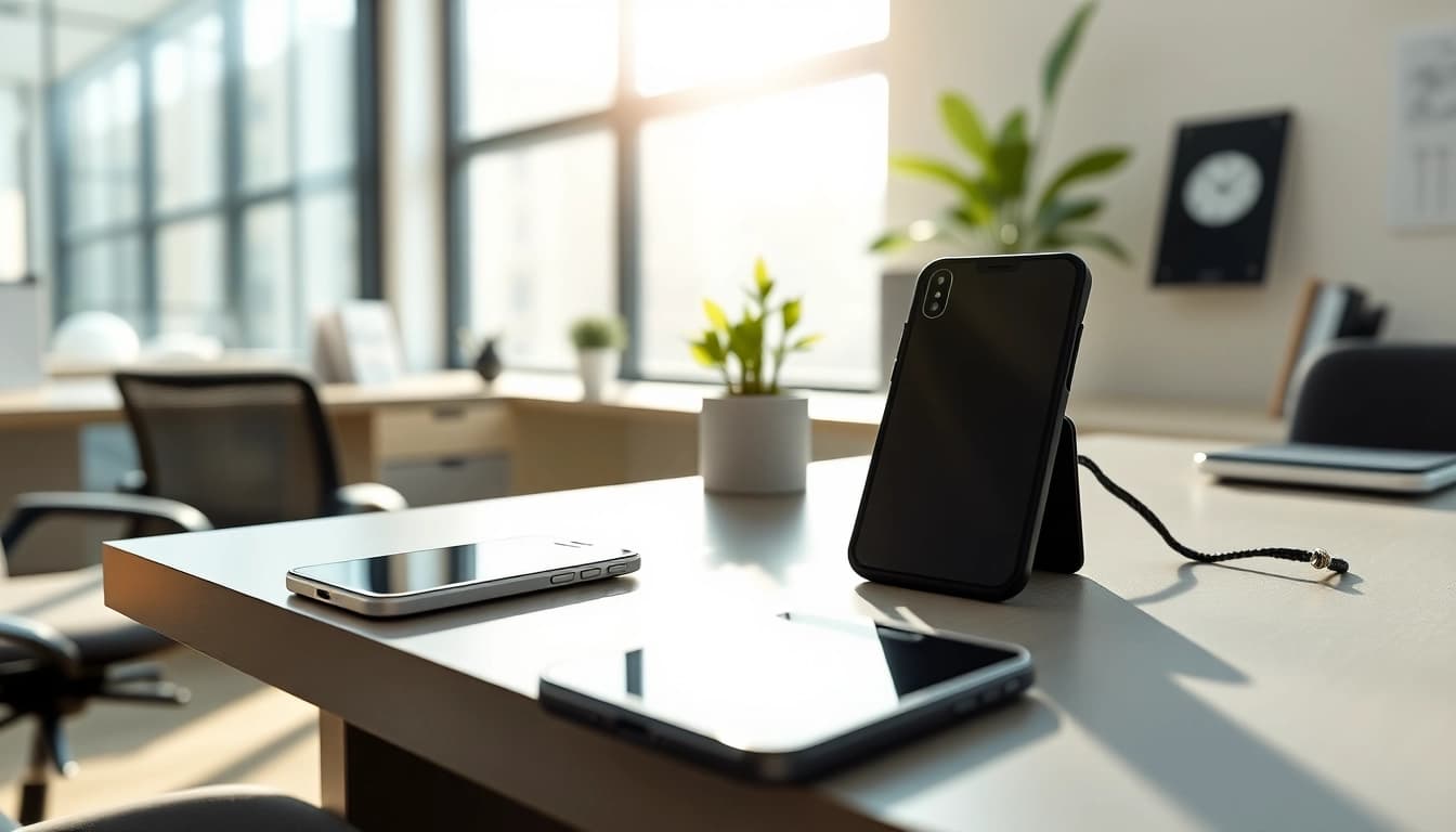 Showcasing modern business phones on a stylish desk, emphasizing professional workplace design.