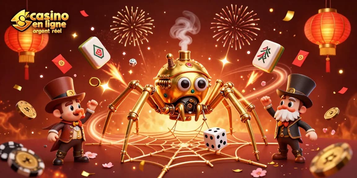 Jouer au casino en ligne argent réel avec une illustration captivante d'une araignée steampunk dorée et des éléments festifs.
