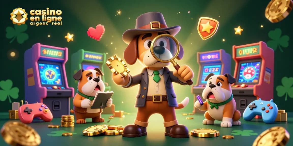 Illustration 3D captivante avec un détective et son ami bulldog, explorant un casino en ligne argent réel.