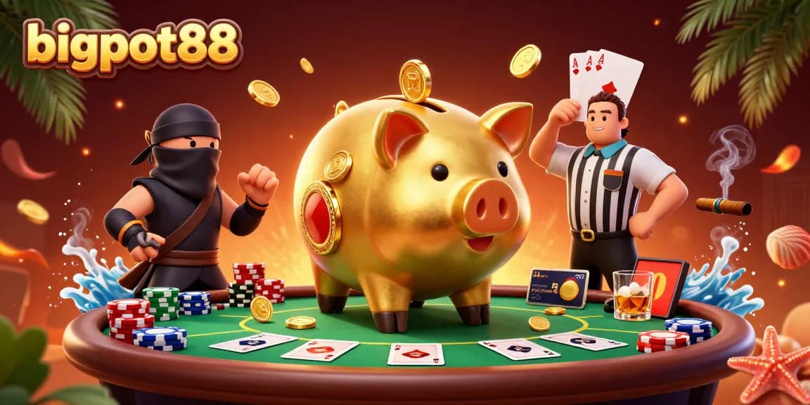 Engage with bigpot88 in a vibrant casino duel featuring golden piggy bank sumo and samurai.