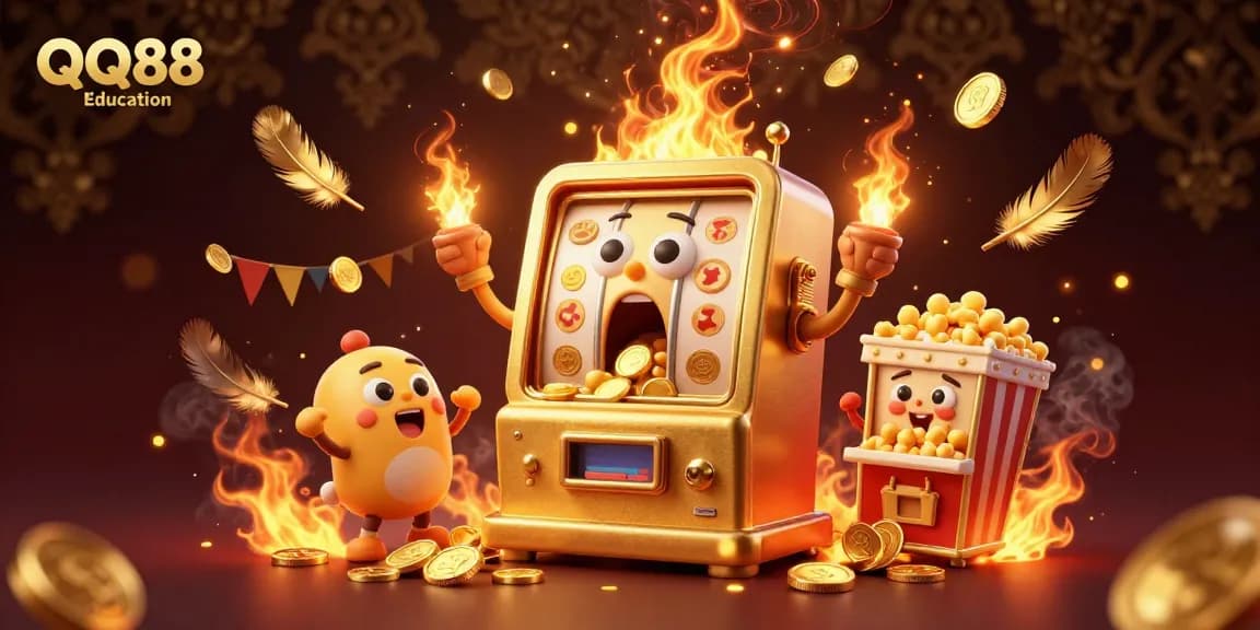 Experience excitement at QQ88 Education as a golden slot machine hits a jackpot amidst cheering allies.