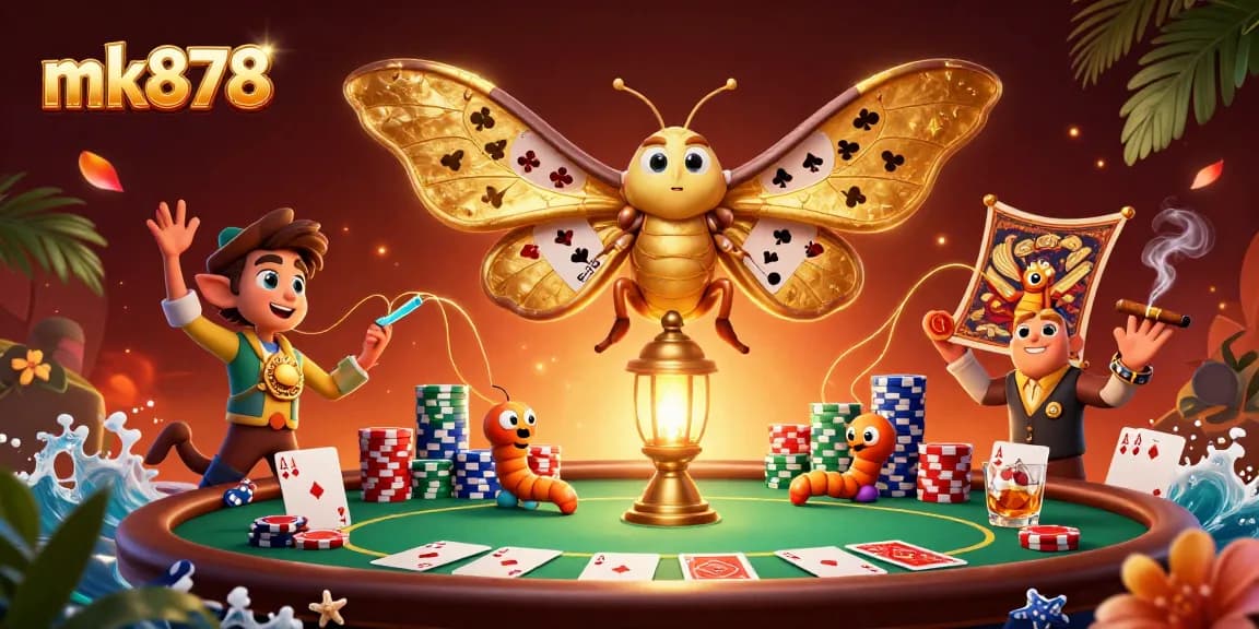 Experience the thrill of mk878 with a vibrant 3D casino scene featuring a majestic moth and captivating game elements.