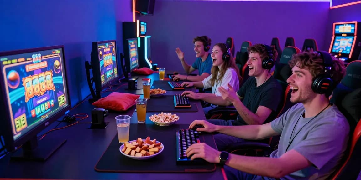 Situs 888 gaming scene with friends enjoying competitive slot games