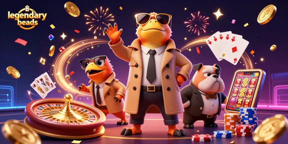 Engage with legendarybeads to win big at the casino, featuring raptors sneaking into a VIP lounge.
