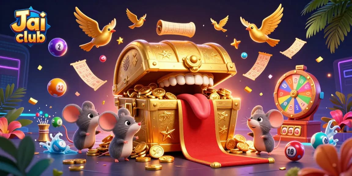 Experience the thrill of Jai club with vibrant gaming elements and a dynamic treasure chest scene.