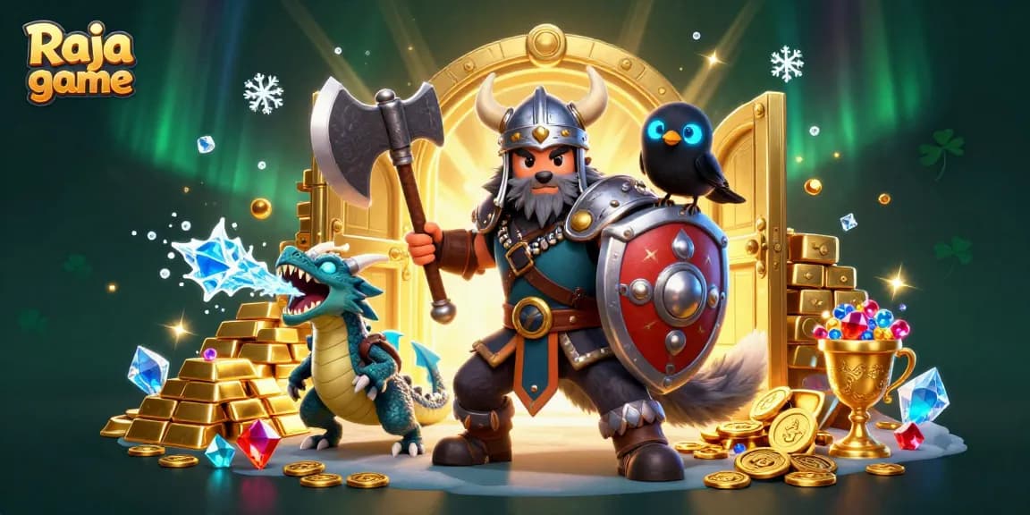 Join the action with Raja game as a Viking wolf warrior, fierce dragon, and glowing raven in a treasure-filled adventure.
