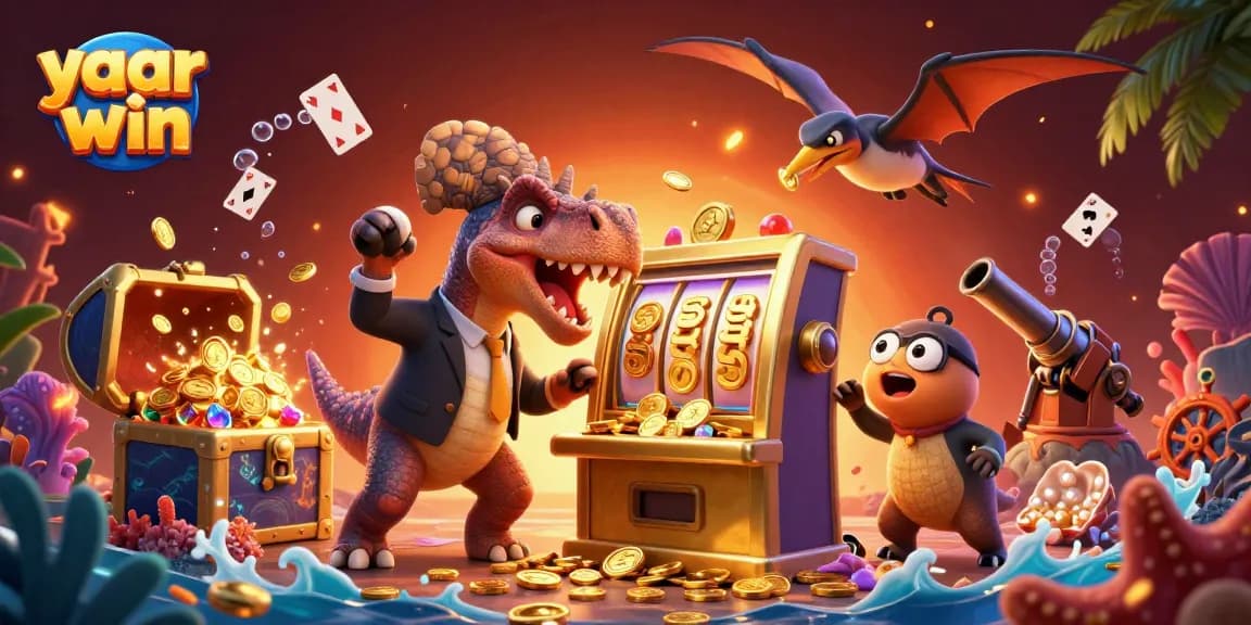 Experience yaar win excitement as a pachycephalosaurus celebrates a jackpot while coins rain down!