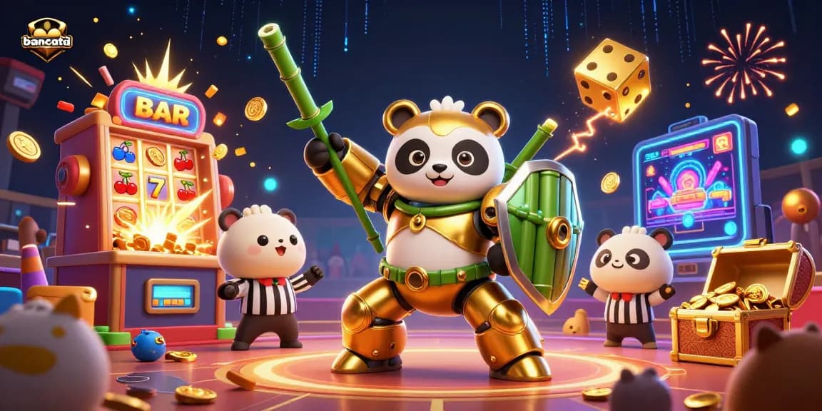 Bancatai features a golden panda mech-suit amidst dynamic casino elements like jackpots and lucky symbols.