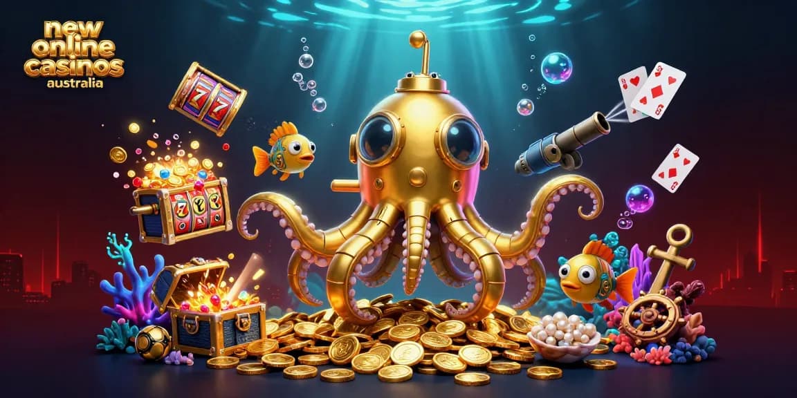 Experience thrilling play at new online casinos Australia with exciting slot reels and a golden kraken.
