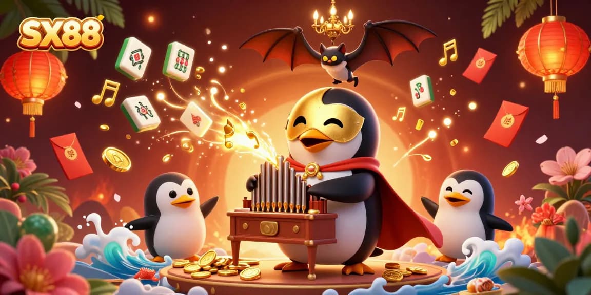 SX88 penguin playing organ with golden coins, surrounded by festive gambling elements
