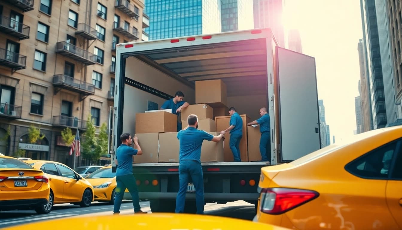 Professional movers manhattan ny loading items into a truck in a bustling city.