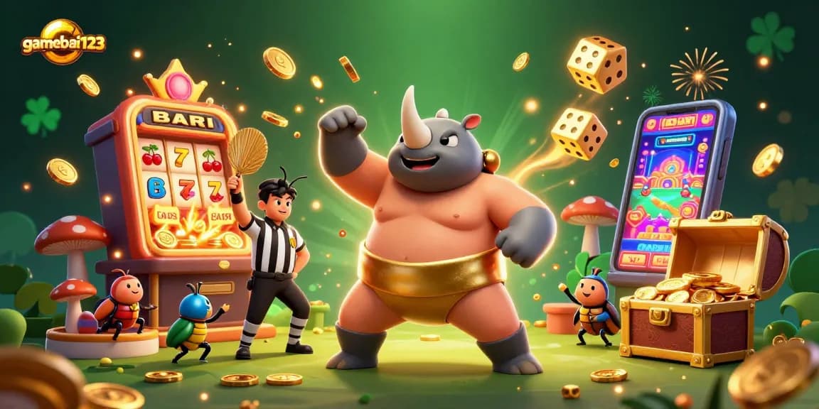 Engage with gamebai123 as a beetle champion triumphantly stomps coins in a vibrant casino scene.