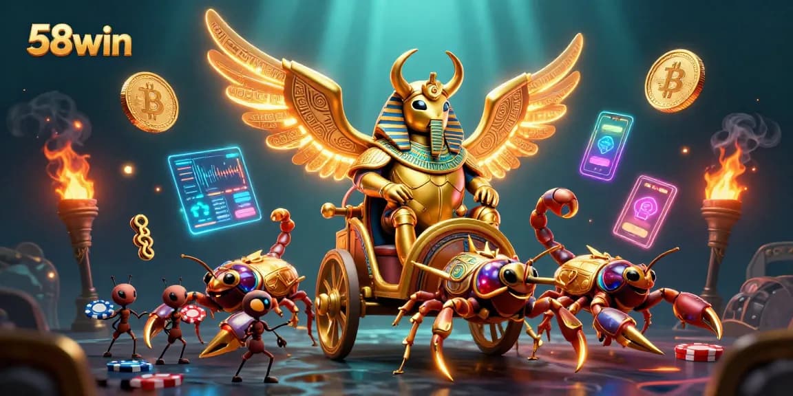 Engage with 58win's vibrant casino scene featuring a golden beetle and digital coins.
