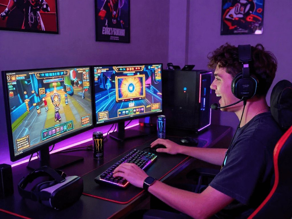 Exciting online slot deposit qris gaming scene with player immersed in vibrant gameplay and dynamic environment.
