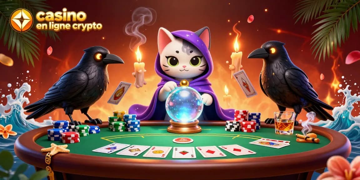 Jouer sur un casino en ligne crypto avec un chat mystique et un corbeau à cartes.
