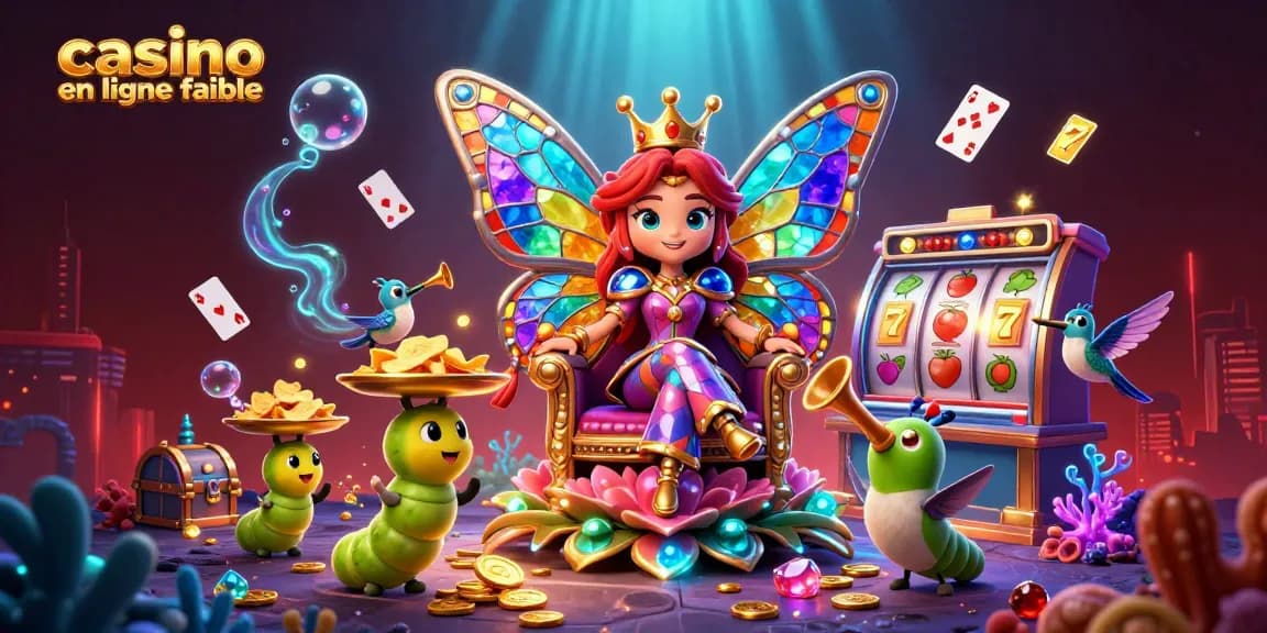Jouez dans un casino en ligne fiable avec des jackpots, des symboles de fruits et une reine papillon majestueuse.
