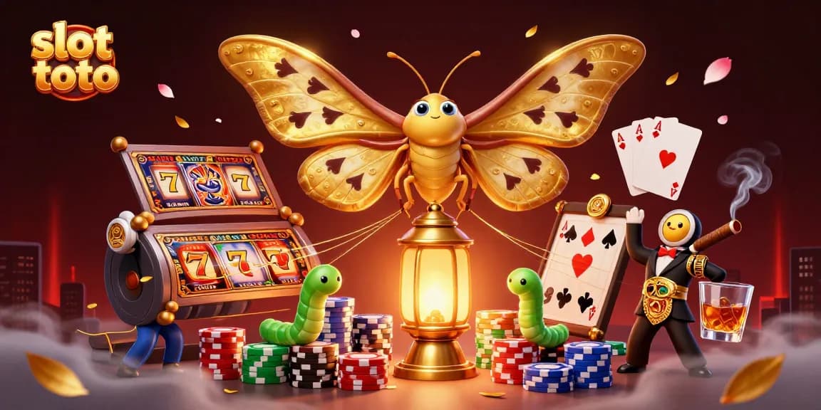 Engage with slot toto excitement featuring a vibrant 3D scene with a moth, casino elements, and dynamic slot reels.