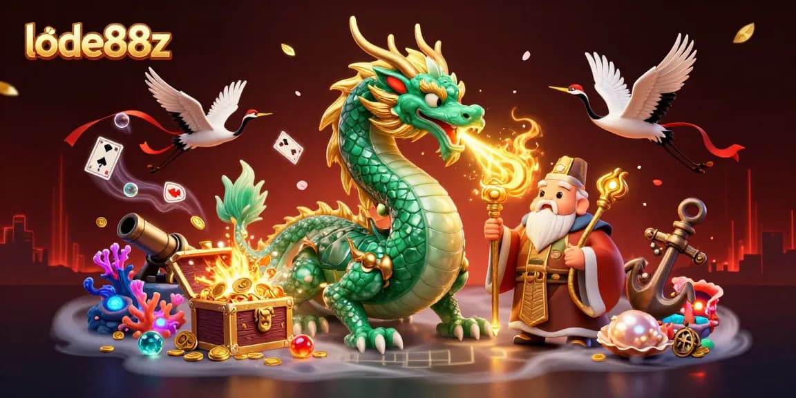 Engage with lode88z's vibrant casino experience, illustrated with a jade dragon and treasure elements.