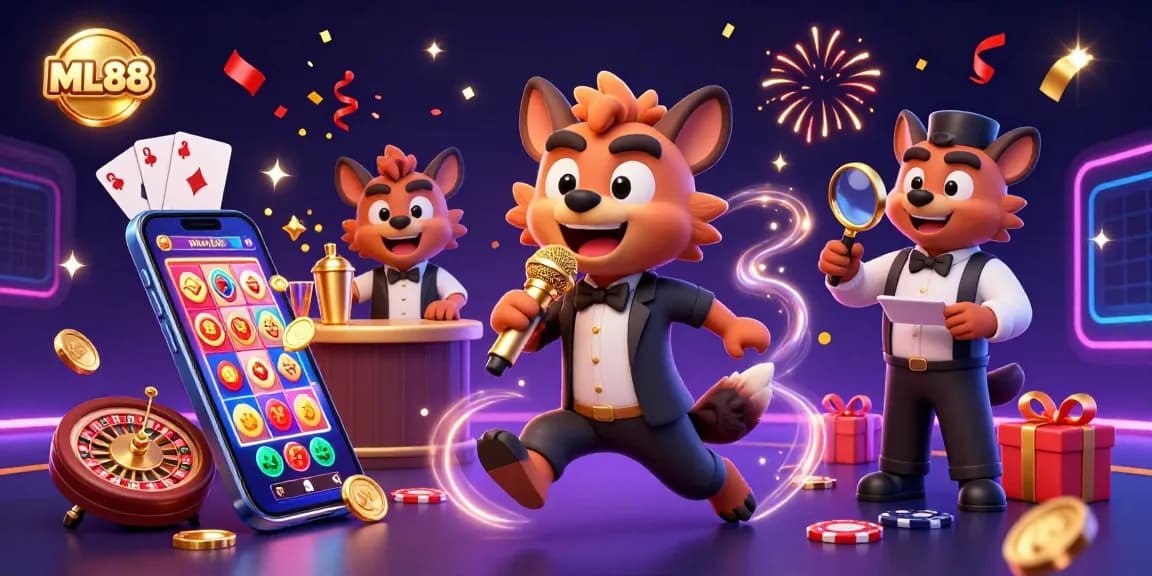 ML88 hyenas comedy casino scene with bartender, comedian, and bouncer, immersed in fun gambling activities.