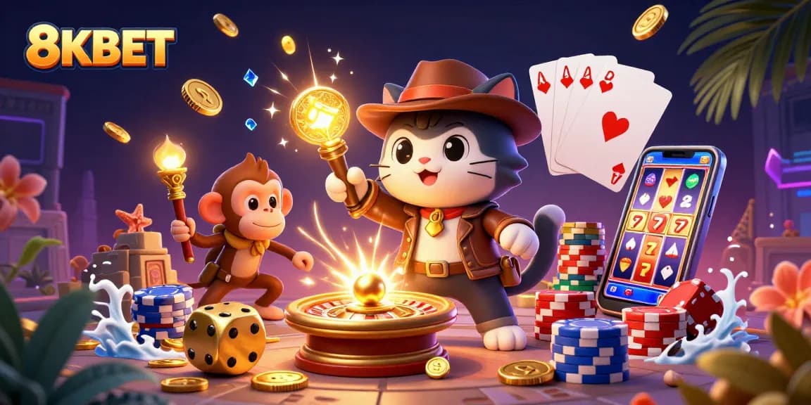 This 3D scene captures 8KBET's thrilling casino adventure with an explorer cat and monkey amidst vibrant gaming elements.