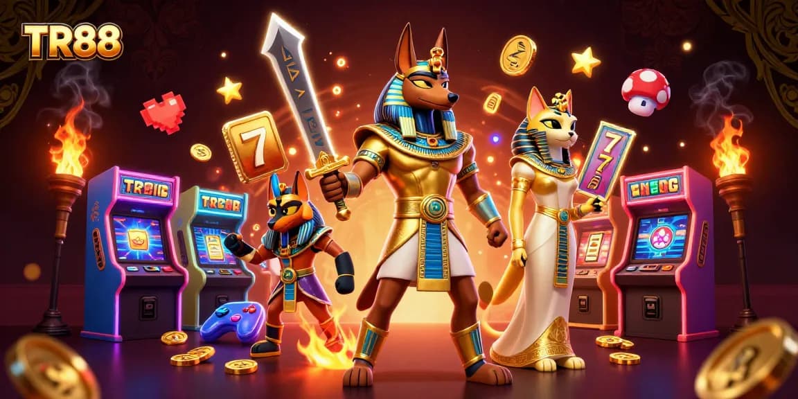 Experience thrilling wins at TR88 with Anubis and Bastet in this dynamic casino scene.