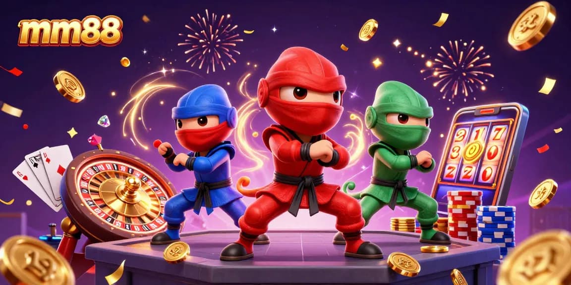 mm88 showcases a vibrant casino scene with ninja chameleons amidst golden rewards and exciting gaming elements.