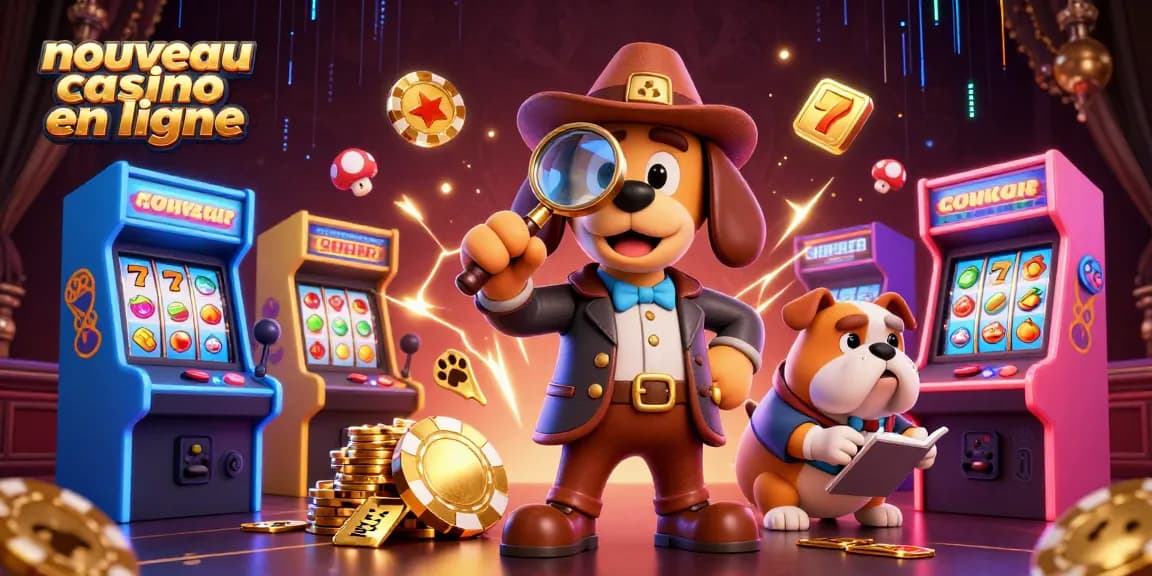 Examinez les indices d'un nouveau casino en ligne avec un détective canin et un bulldog.