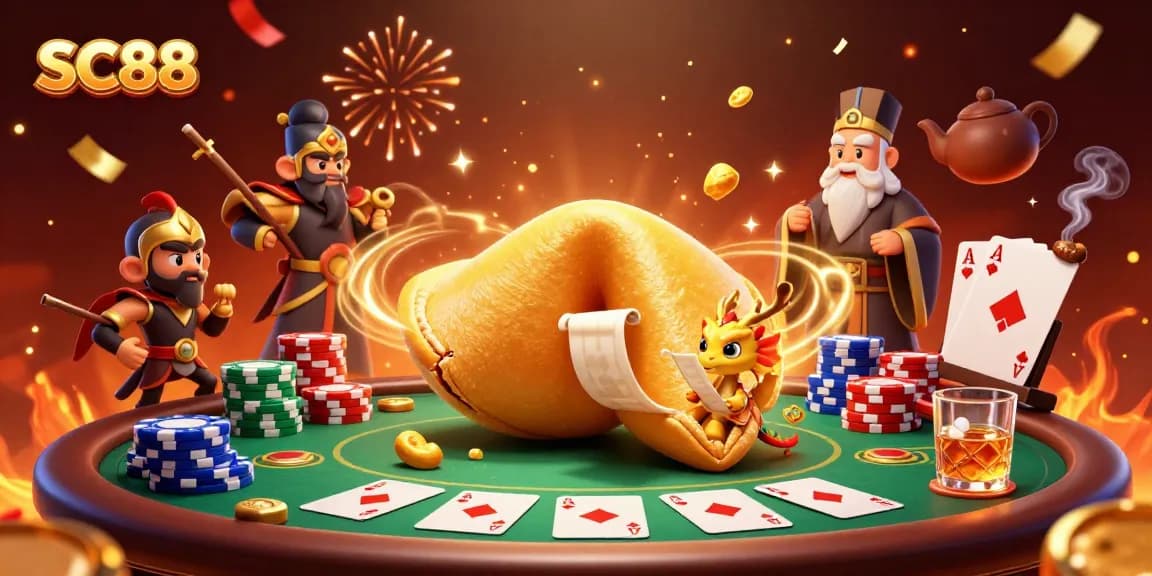 Experience the thrilling SC88 gaming action with fortune cookies, dragons, and poker tables!