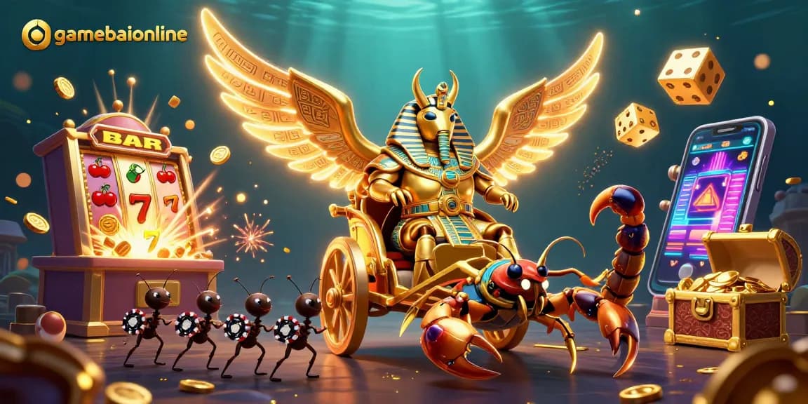 Experience fast-paced gameplay at gamebaiionline with a vibrant illustration of a golden scarab beetle and dynamic casino elements.