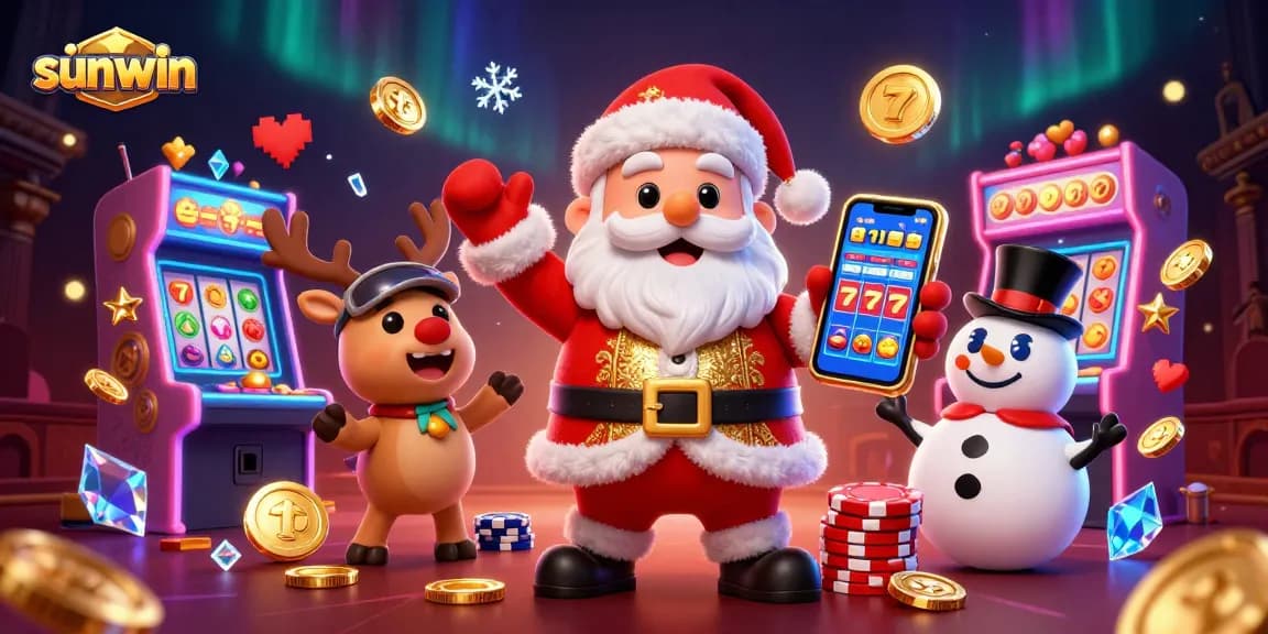 Spin to win with sunwin at a festive casino scene featuring cheerful characters.