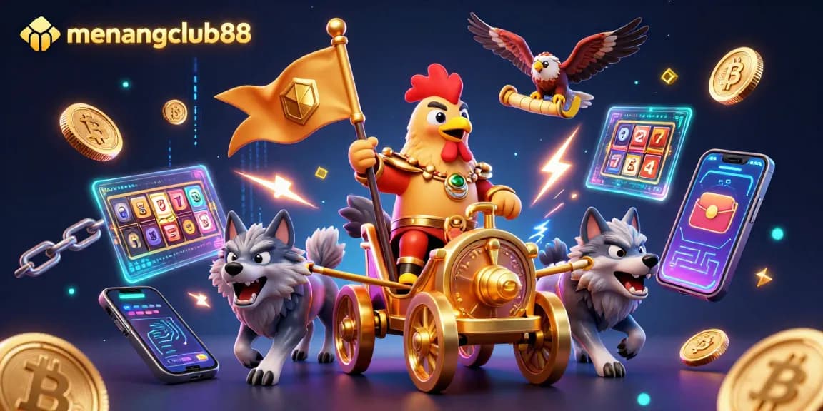 Engage with menangclub88 in the vibrant world of slots and crypto, featuring a rooster warlord and dynamic elements.